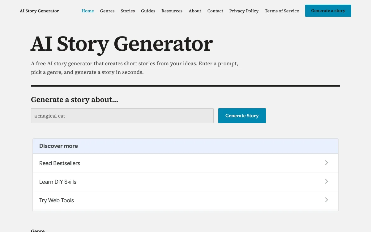 AI Story Generator homepage screenshot