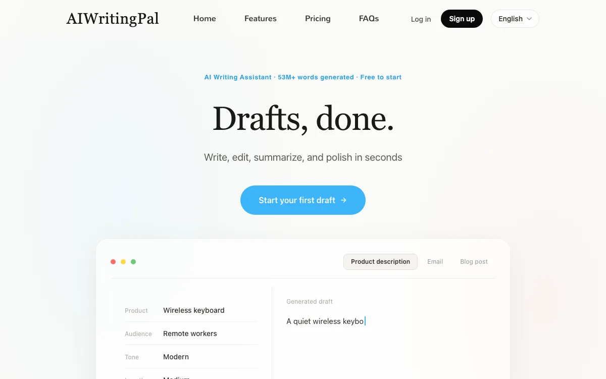 AIWritingPal homepage screenshot