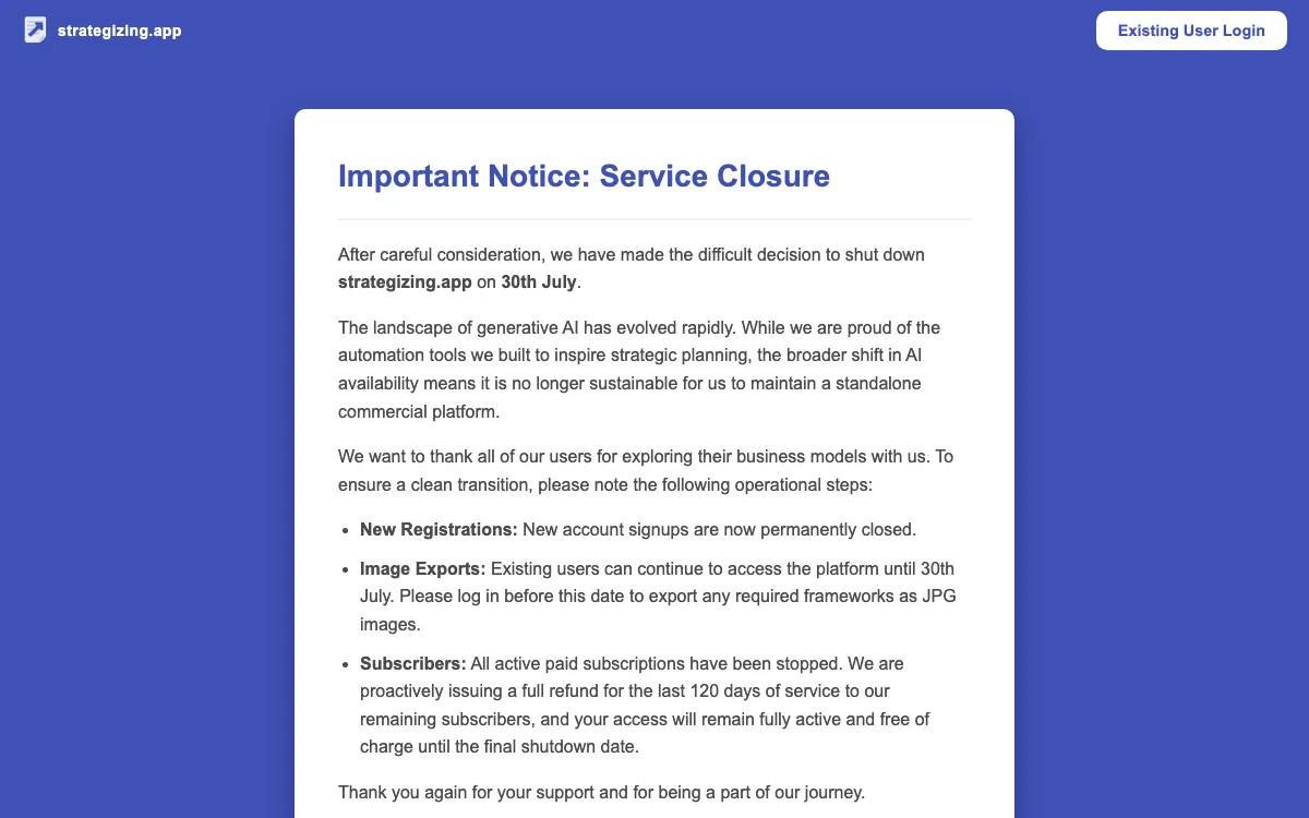 Strategizing App homepage screenshot