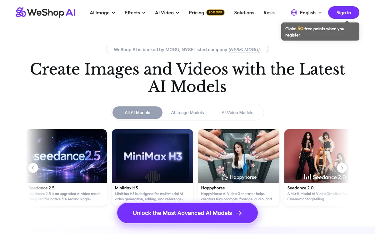 Weshop AI homepage screenshot
